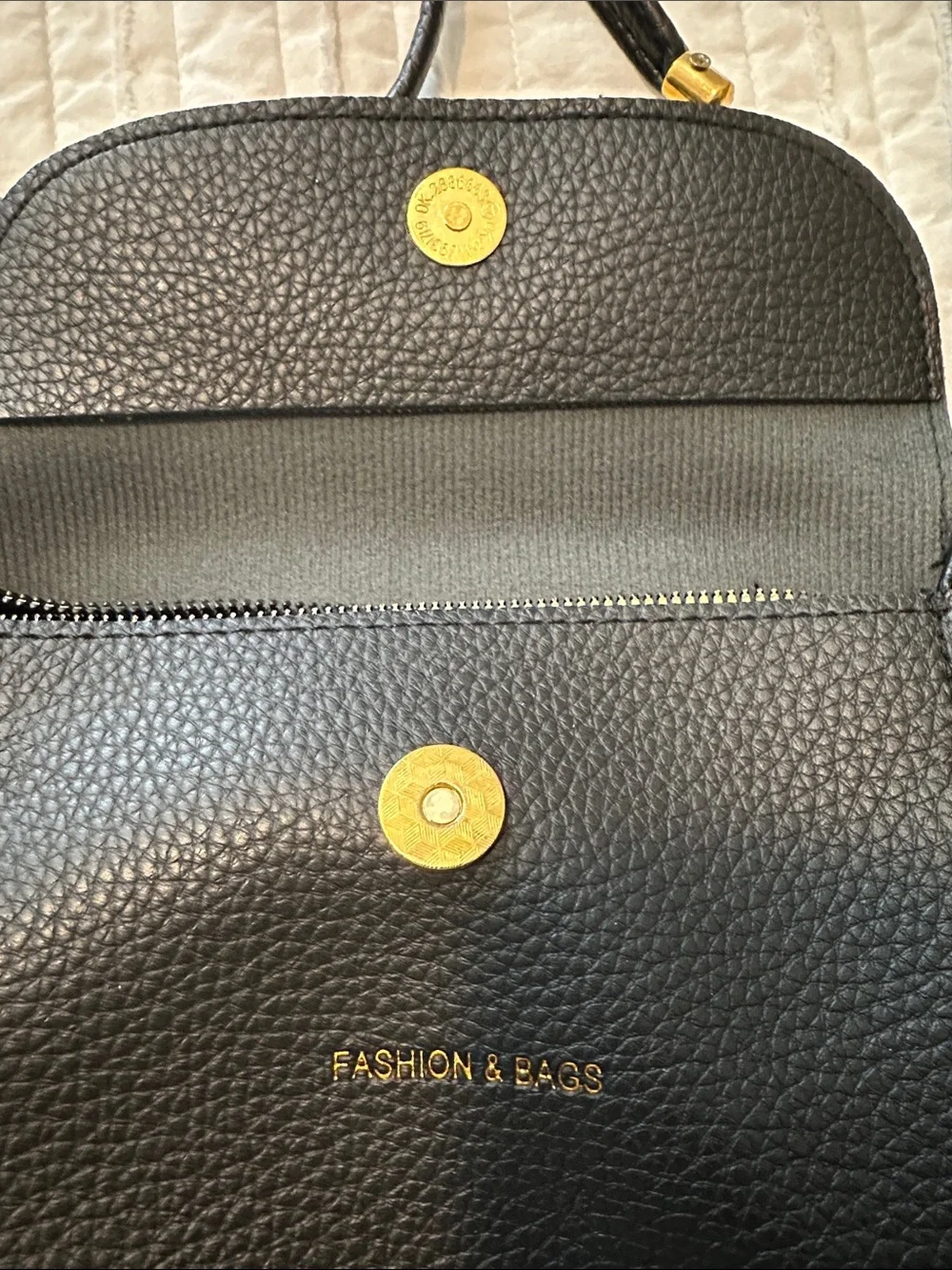 Black Pebbled Crossbody Shoulder Bag with Gold Accent